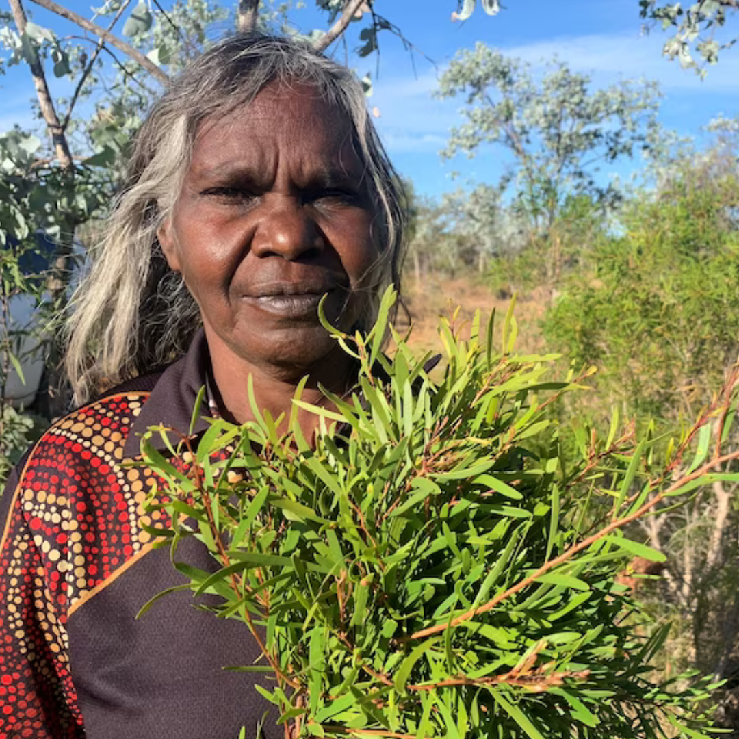 An Indigenous woman outdoors holding a bunch of green leafy plants on a sunny day with trees and clear blue sky in the background.