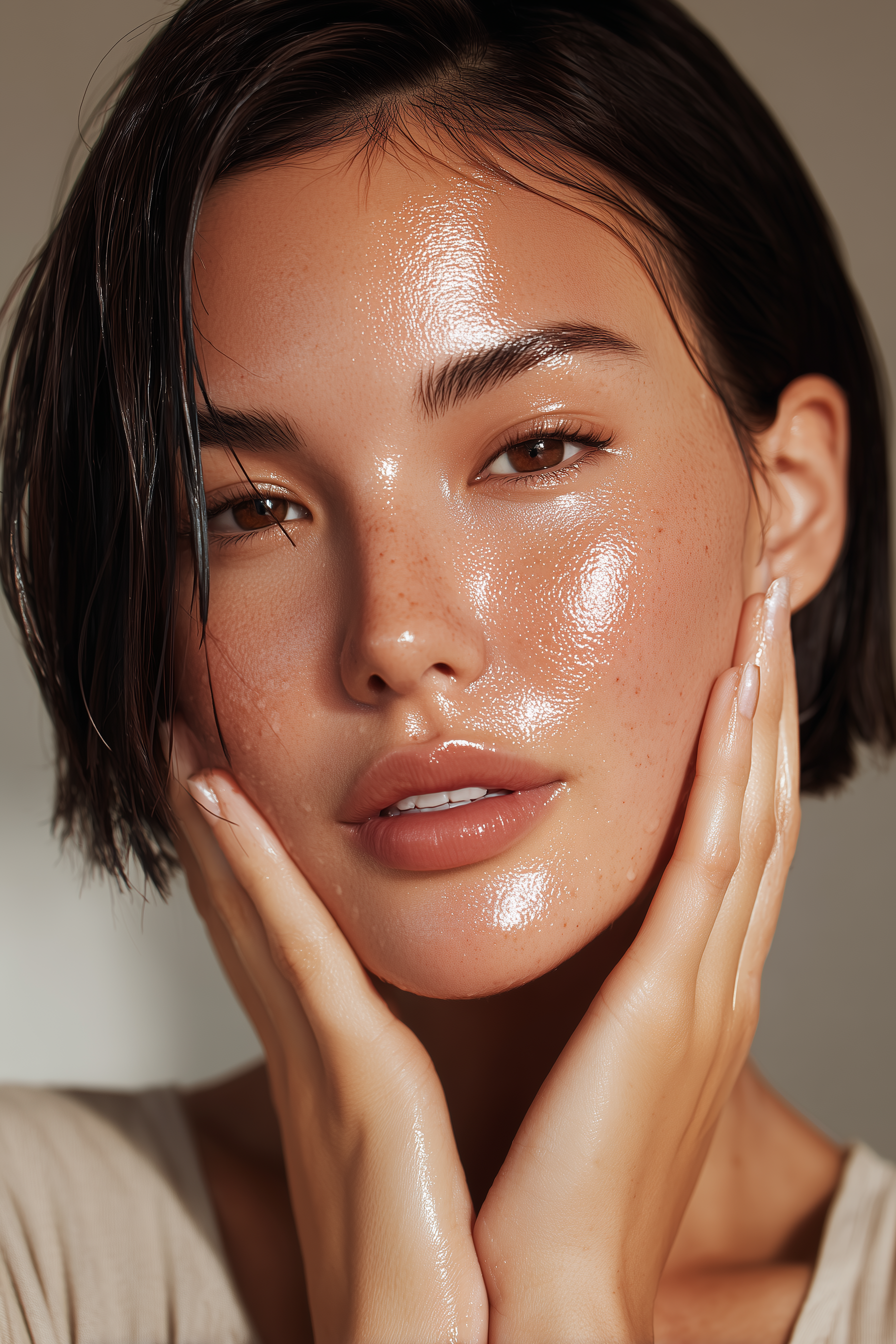 A close-up of a woman's face with glossy, shiny skin, short dark wet hair, and delicate hands touching her face.