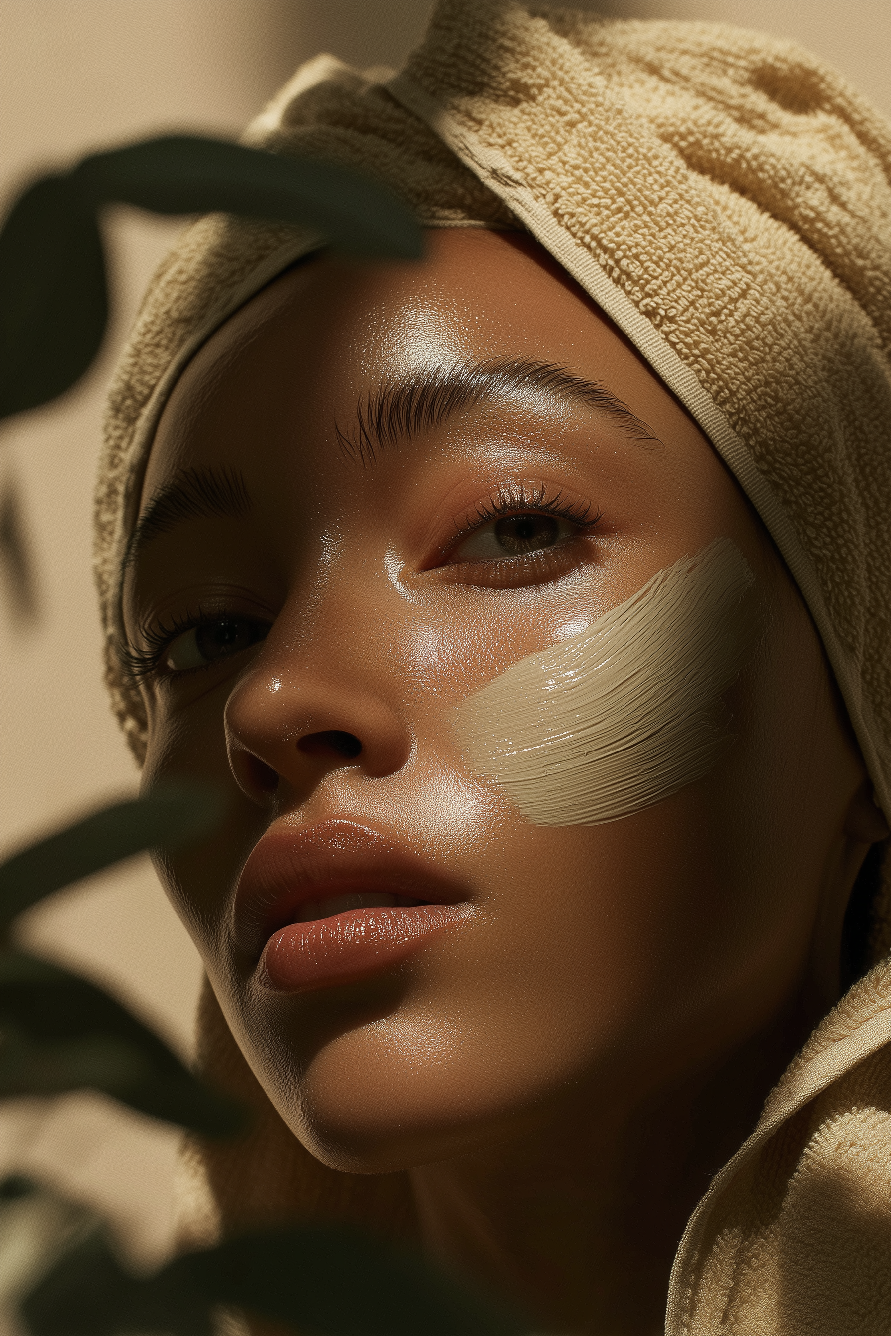 Close-up of a woman's face with smooth skin, wearing a beige towel head wrap, with soft lighting highlighting her eyebrows, eye, and lips; a piece of masking tape is on her cheek.