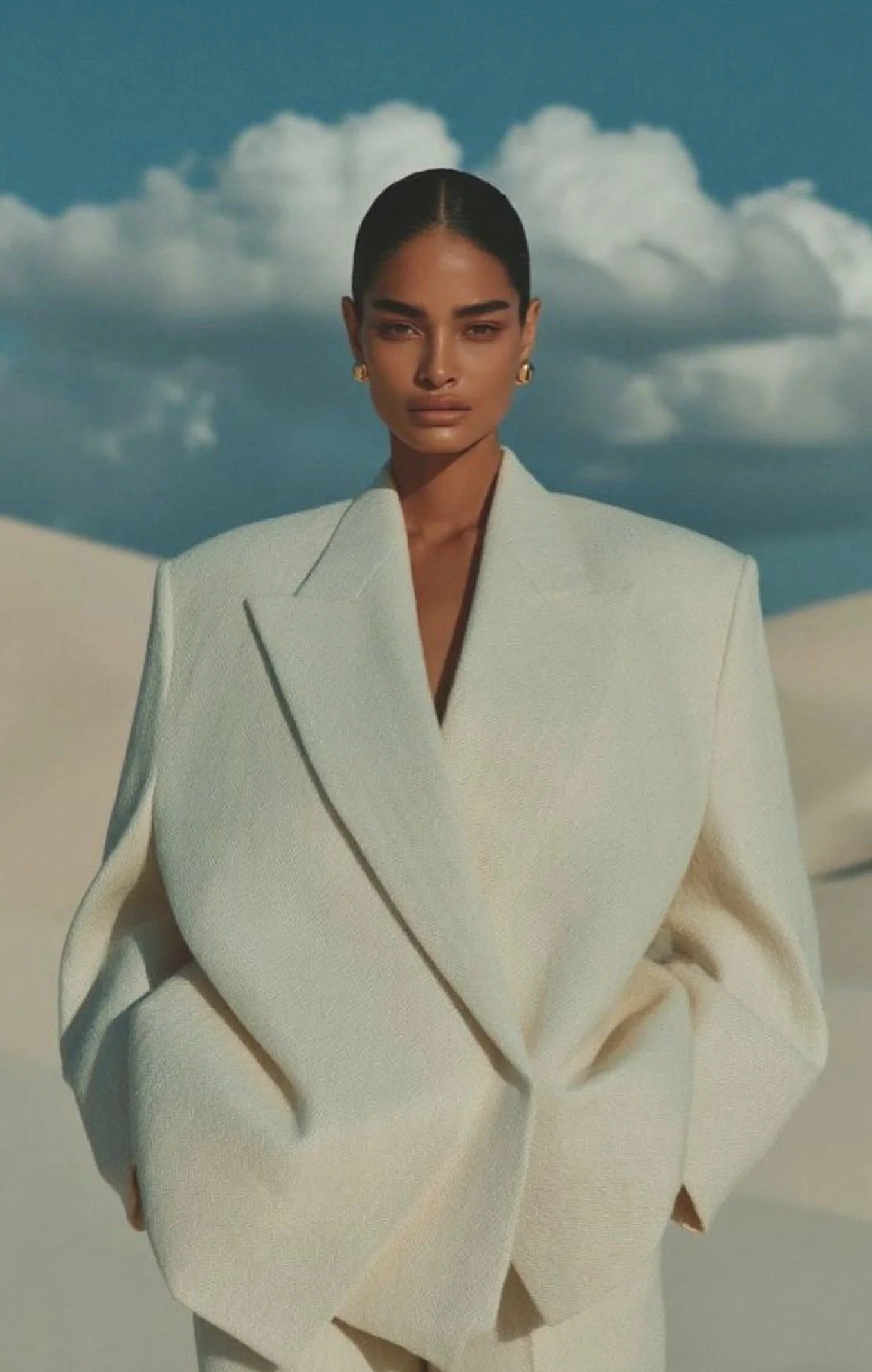A woman with dark hair styled in a sleek bun wearing a white oversized blazer and matching pants, standing outdoors with a blue sky and white clouds in the background.