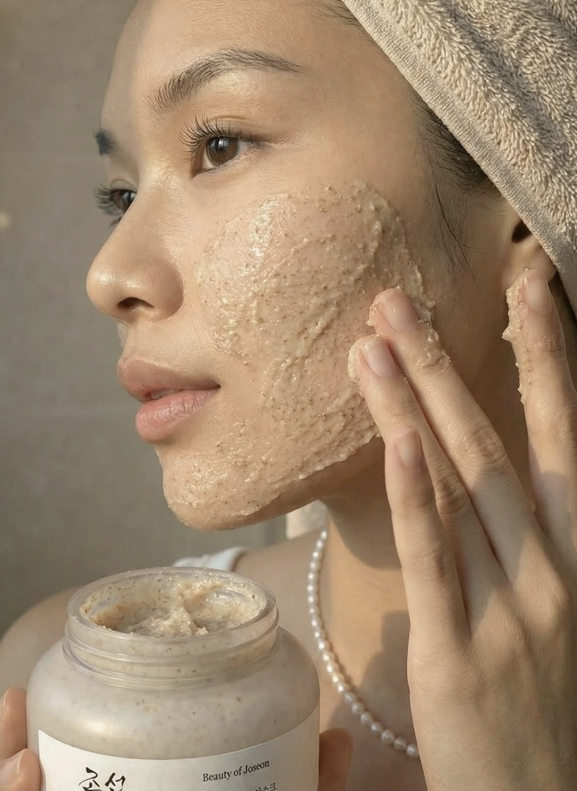 A woman with a towel on her head applying a facial scrub to her cheek from a jar labeled 'Beauty of Joseon.'