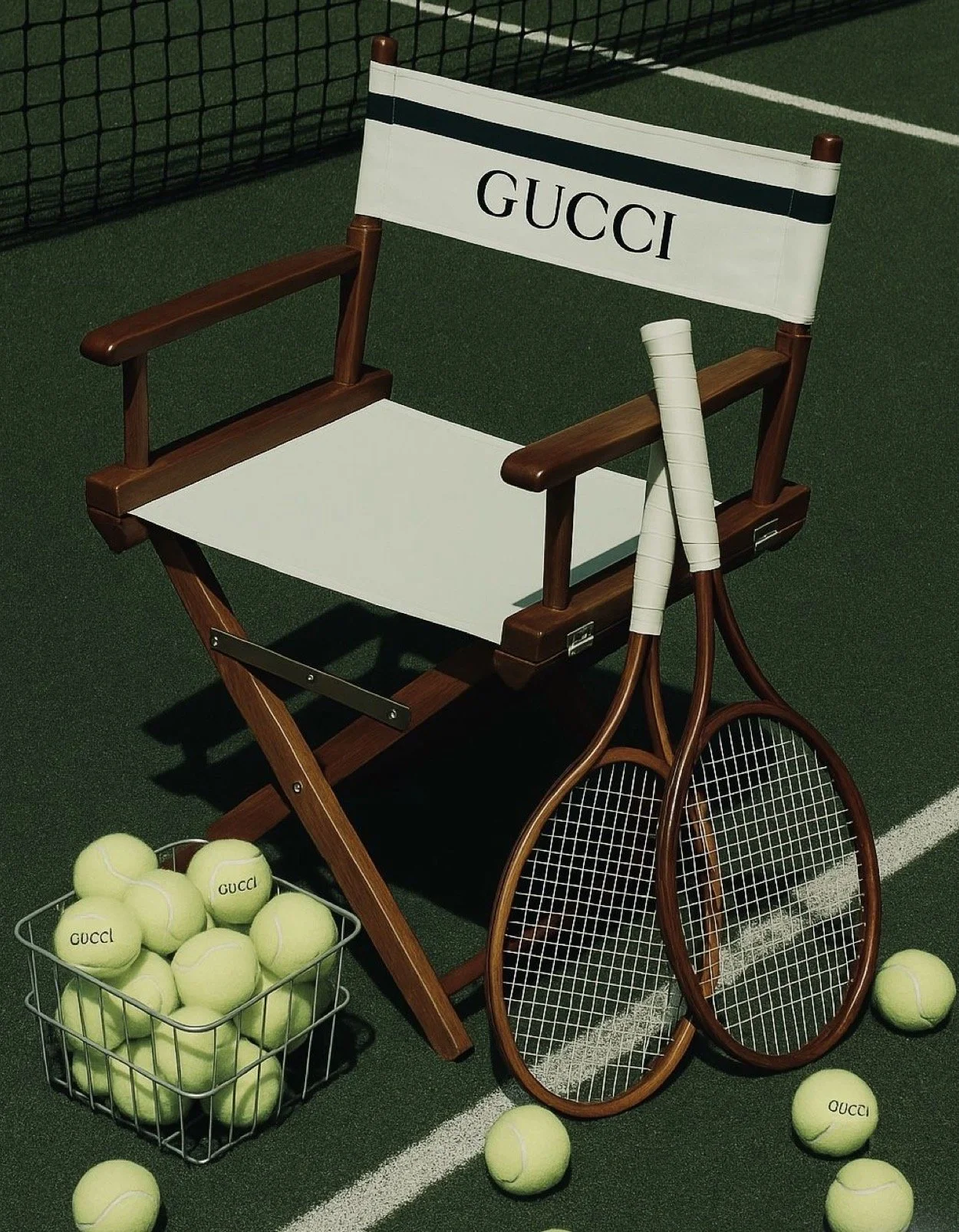 Tennis equipment, including a basket of yellow Gucci tennis balls, two vintage wooden tennis rackets, and a director's chair with 'Gucci' on the back, all arranged on a tennis court.