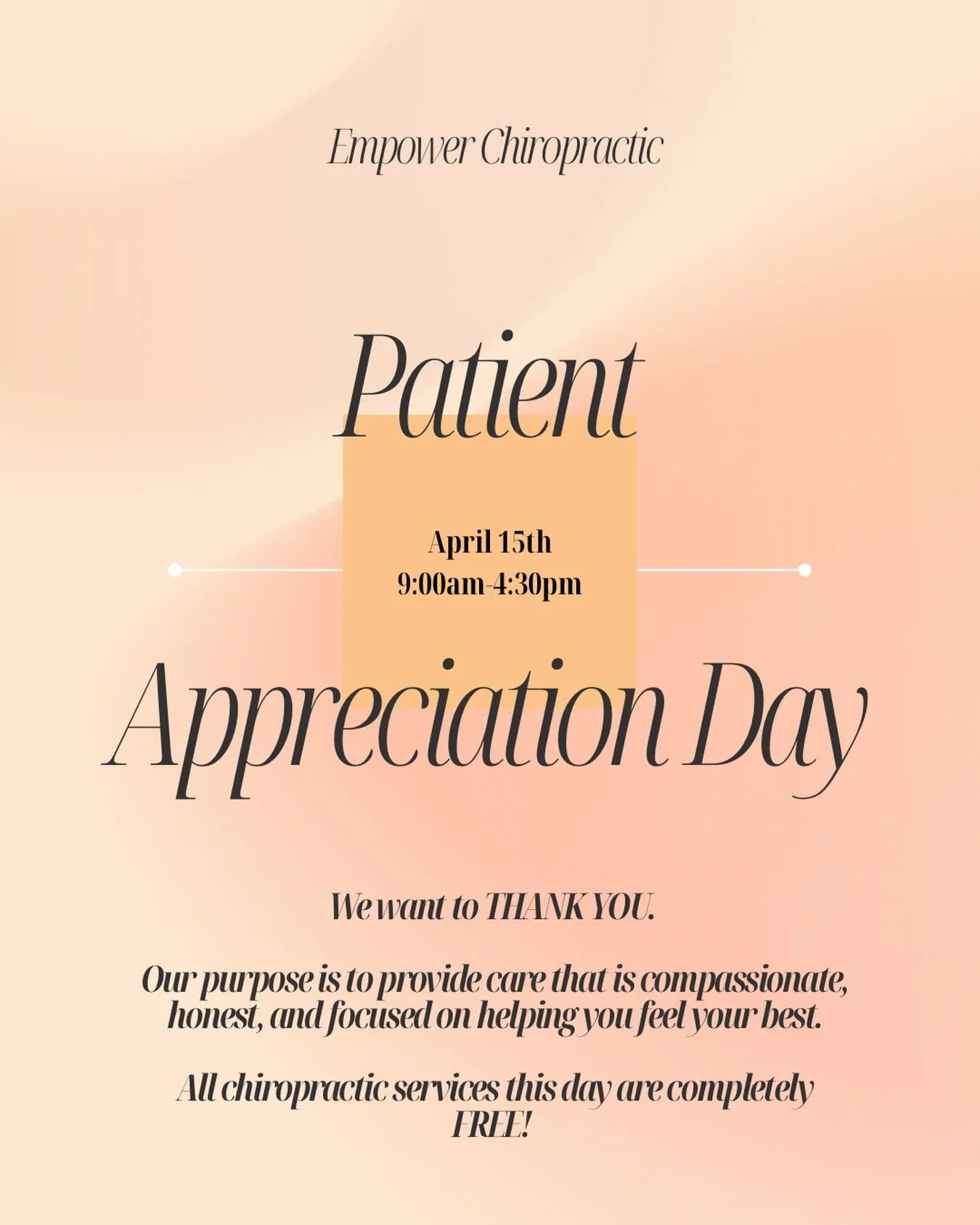 PATIENT APPRECIATION DAY ✨

This one&rsquo;s all about YOU!!
We&rsquo;re celebrating with:
✨ FREE services
✨ Raffles + fun giveaways
✨ Good vibes + even better people

Thank you for trusting us with your care&mdash;we can&rsquo;t wait to celebrate to