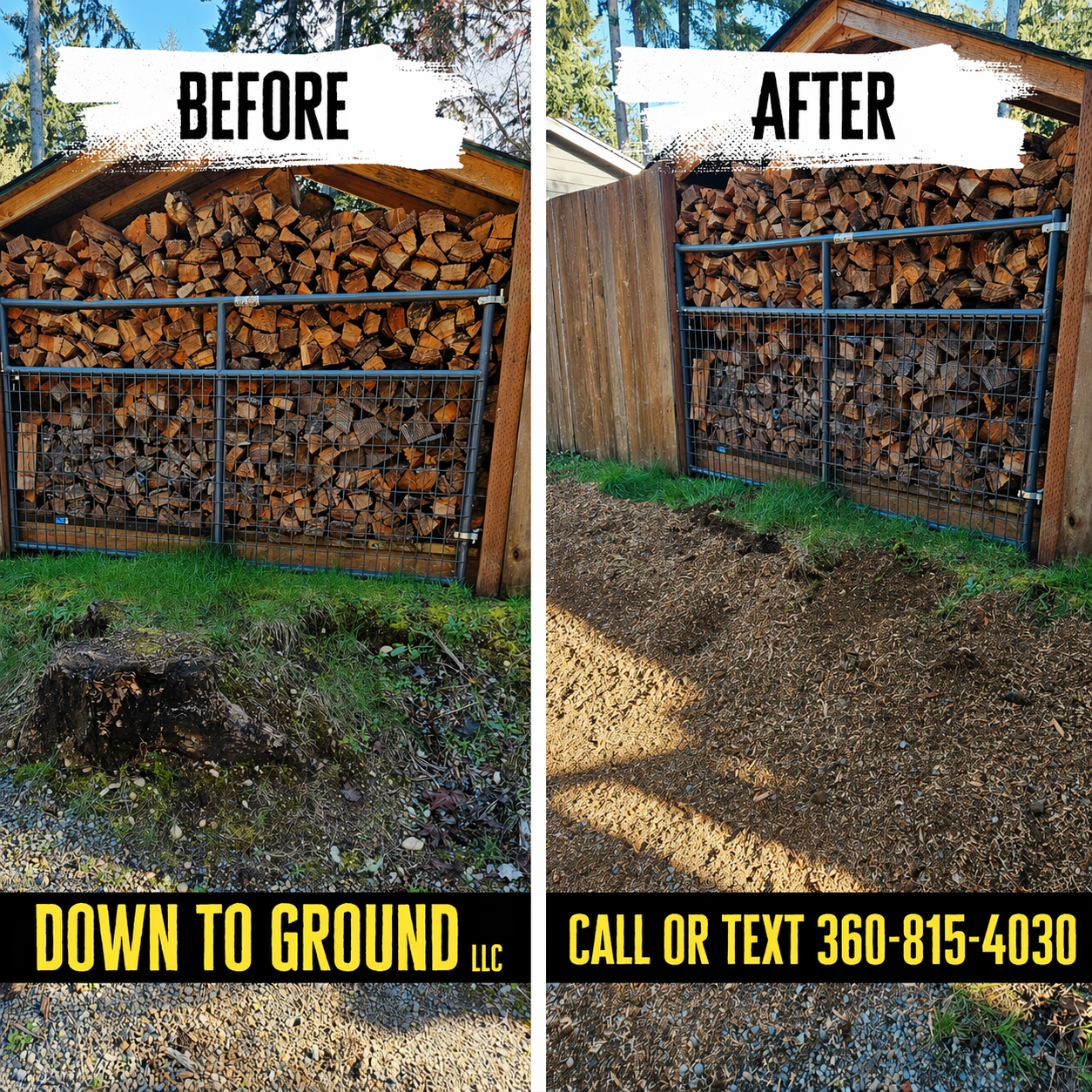 Before and After stump grind removal for better yard access in Lacey, WA