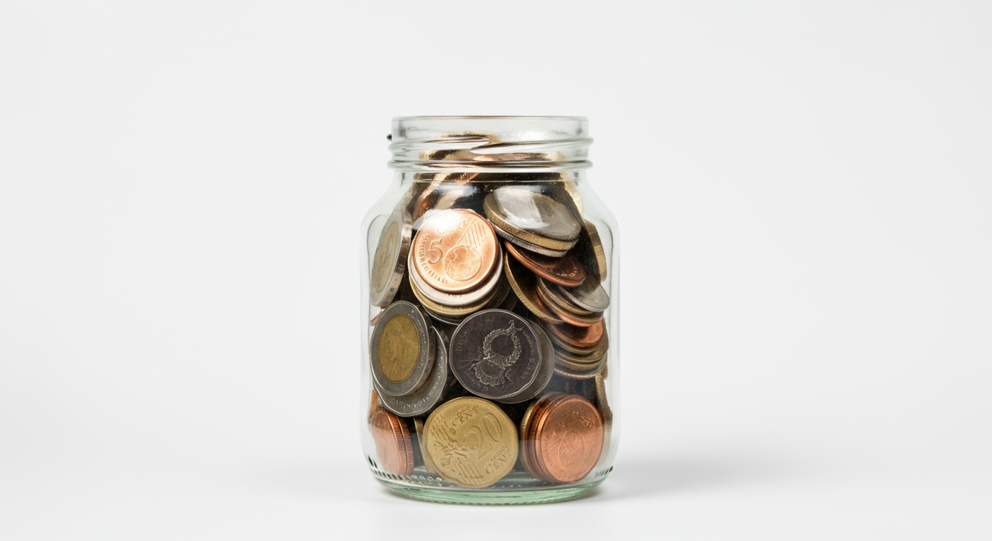 A clear glass jar filled with assorted Euro coins on a plain white background.