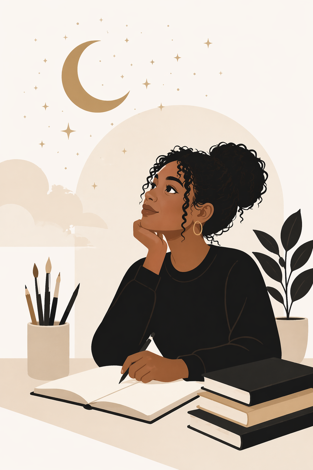 An illustrated woman with curly hair, sitting at a desk with notebooks and a cup holding pens, looking thoughtfully upward. The background shows a crescent moon, stars, and clouds.