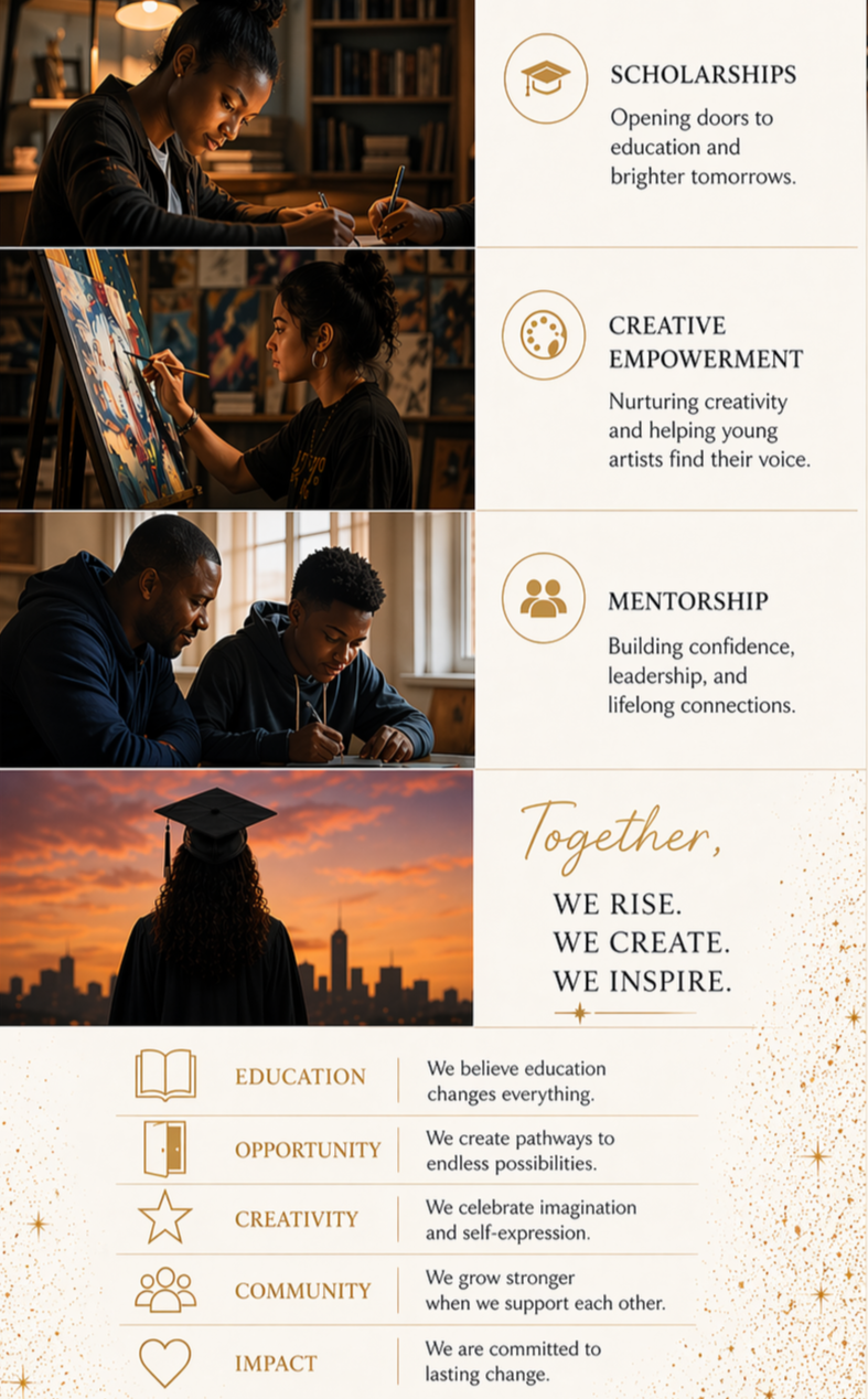 A collage of four photos and text promoting education, creativity, mentorship, and community. The first photo shows a woman studying, the second features a woman painting, the third depicts a man and boy working on a project together, and the fourth silhouettes a graduate overlooking a city skyline at sunset. The text emphasizes the importance of scholarships, creative empowerment, mentorship, and collective growth.