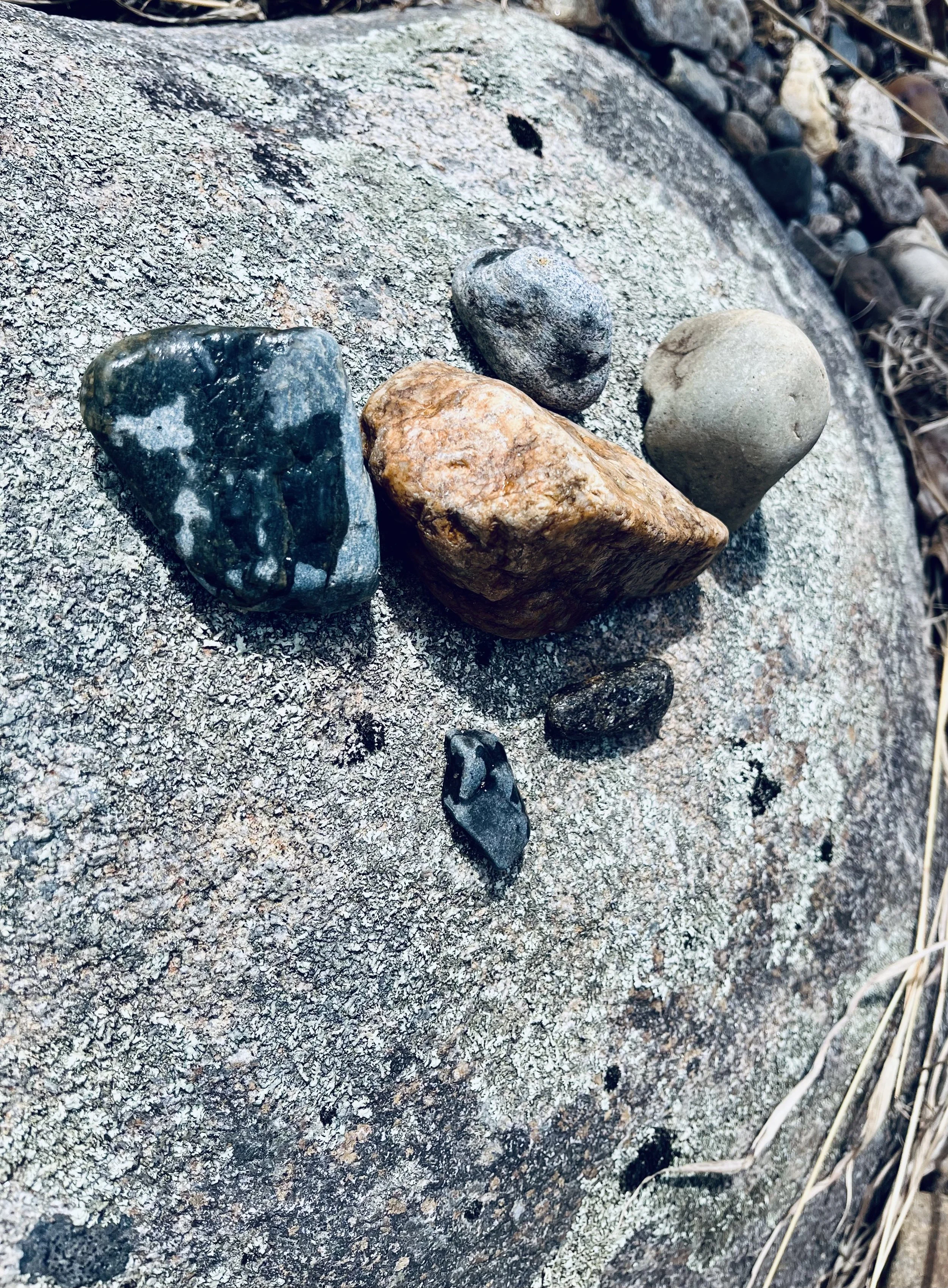 A close-up photograph of various small stones and pebbles arranged on a large rock surface with a rough, textured appearance. The stones vary in size, shape, and color, including shades of black, gray, brown, and beige, with some showing smooth surfaces and others more rugged.