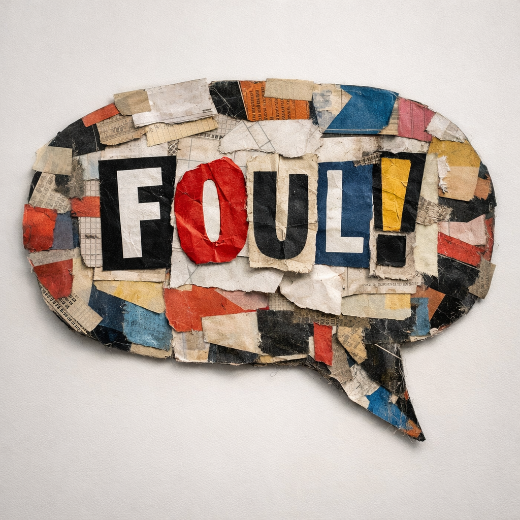 A speech bubble made of torn paper with the word 'FOUL!' spelled out using cut-out letters.