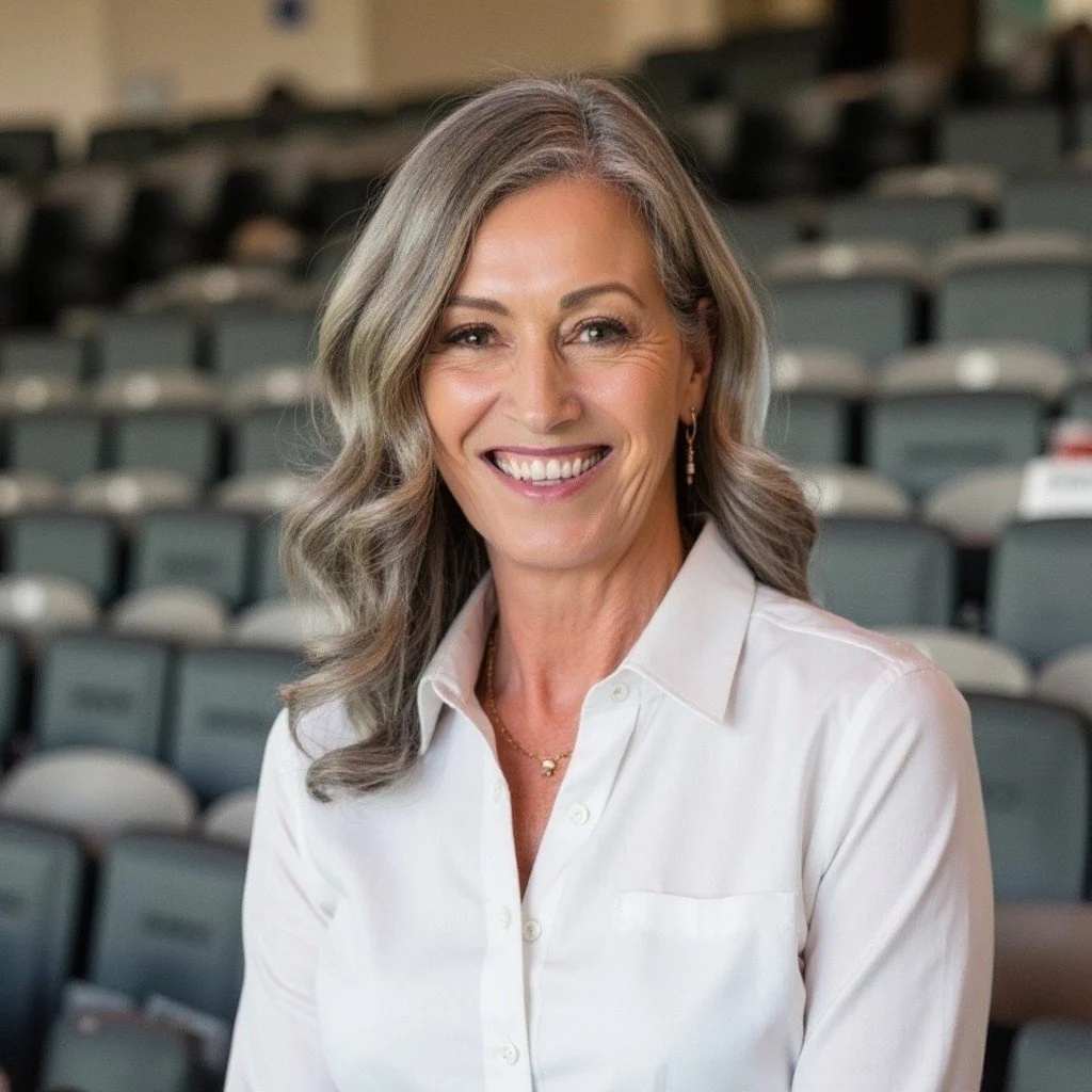 Smiling woman with shoulder-length gray hair in a white button-up shirt, seated in an auditorium with empty seats in the background.