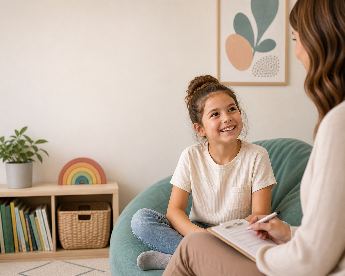 A girl smiling during a therapy session with a counselor in a cozy room.
