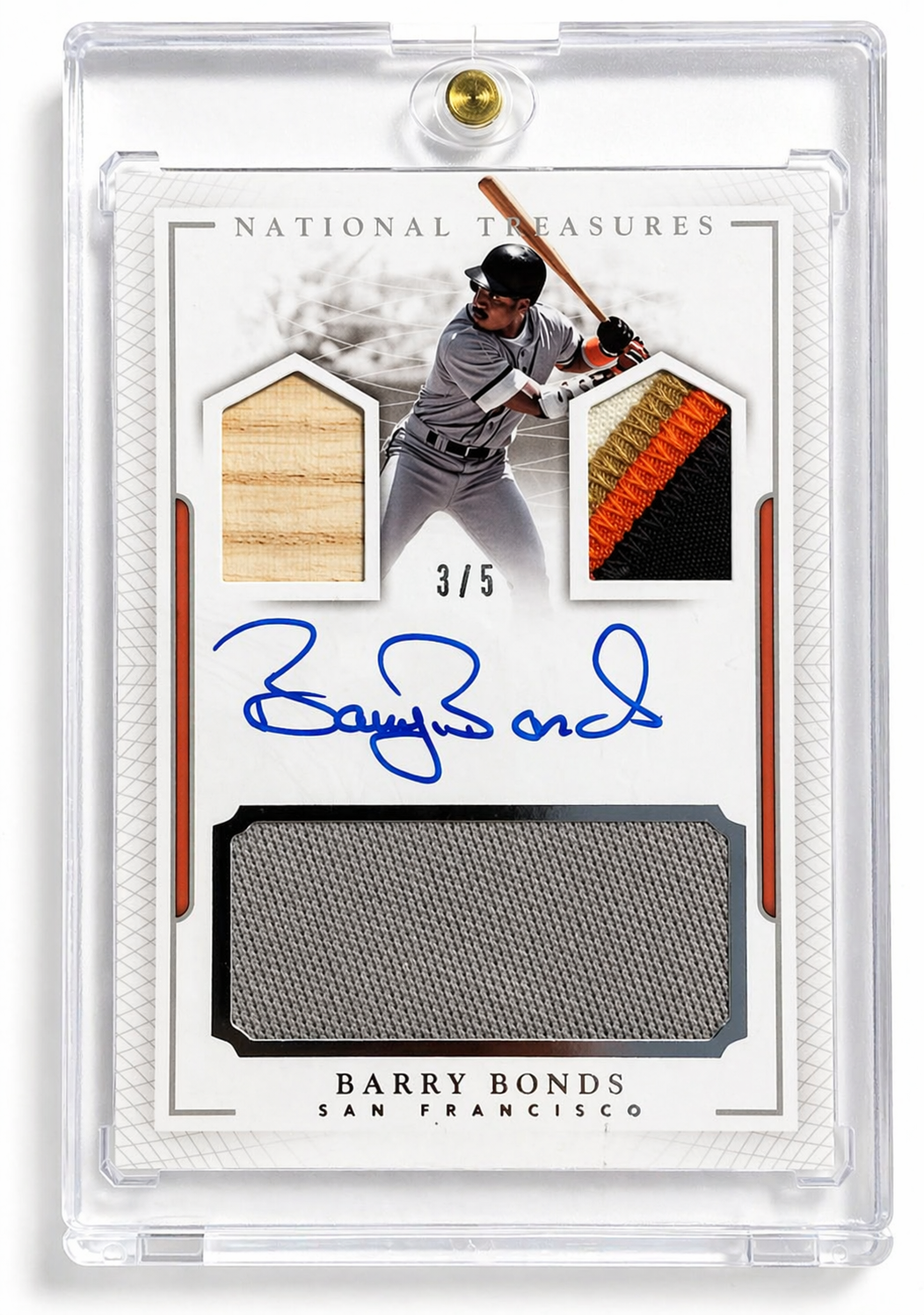 Sports trading card featuring baseball player Barry Bonds, with fabric and wood memorabilia pieces, his autograph in blue ink, and an action photo of him swinging a bat.
