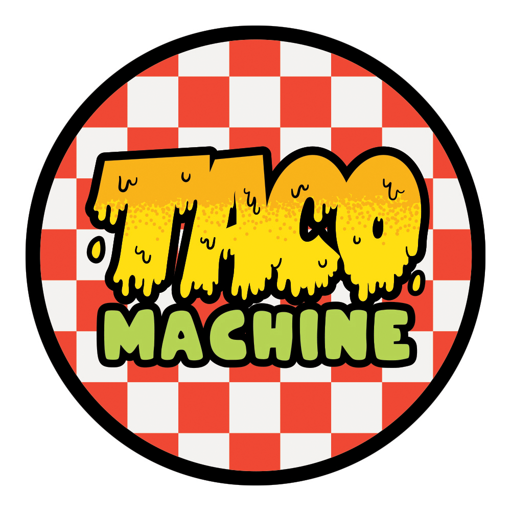 A circular logo with a red and white checkered background, showing the words 'TACO MACHINE' in stylized yellow and green letters.