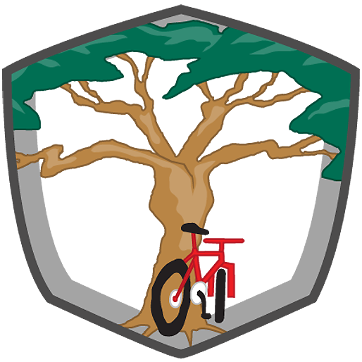 A shield-shaped logo featuring a large tree, a red bicycle, and a wrapped package or gift.