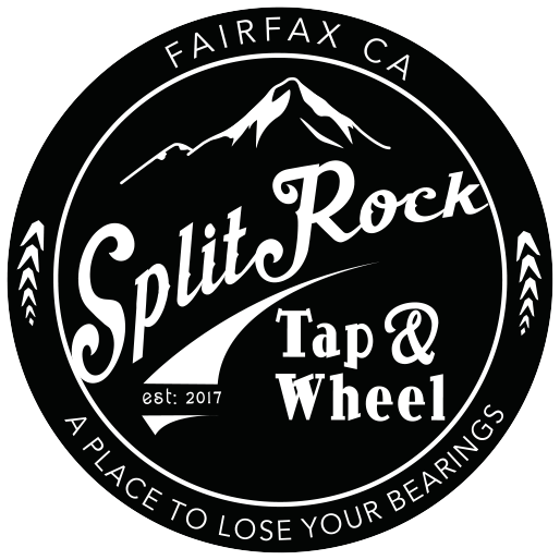 Logo for Split Rock Tap & Wheel in Fairfax, CA, featuring mountains and text 'est. 2017' and the slogan 'A Place to Lose Your Bearings'.