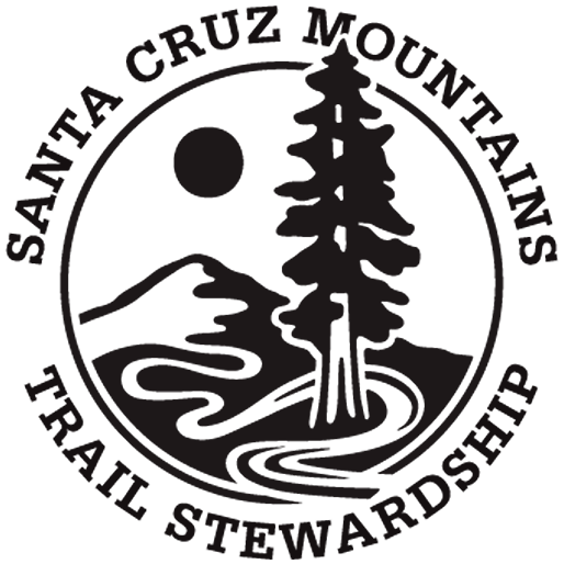 Logo of Santa Cruz Mountains Trail Stewardship featuring a pine tree, a winding trail, mountain, and sun or moon.