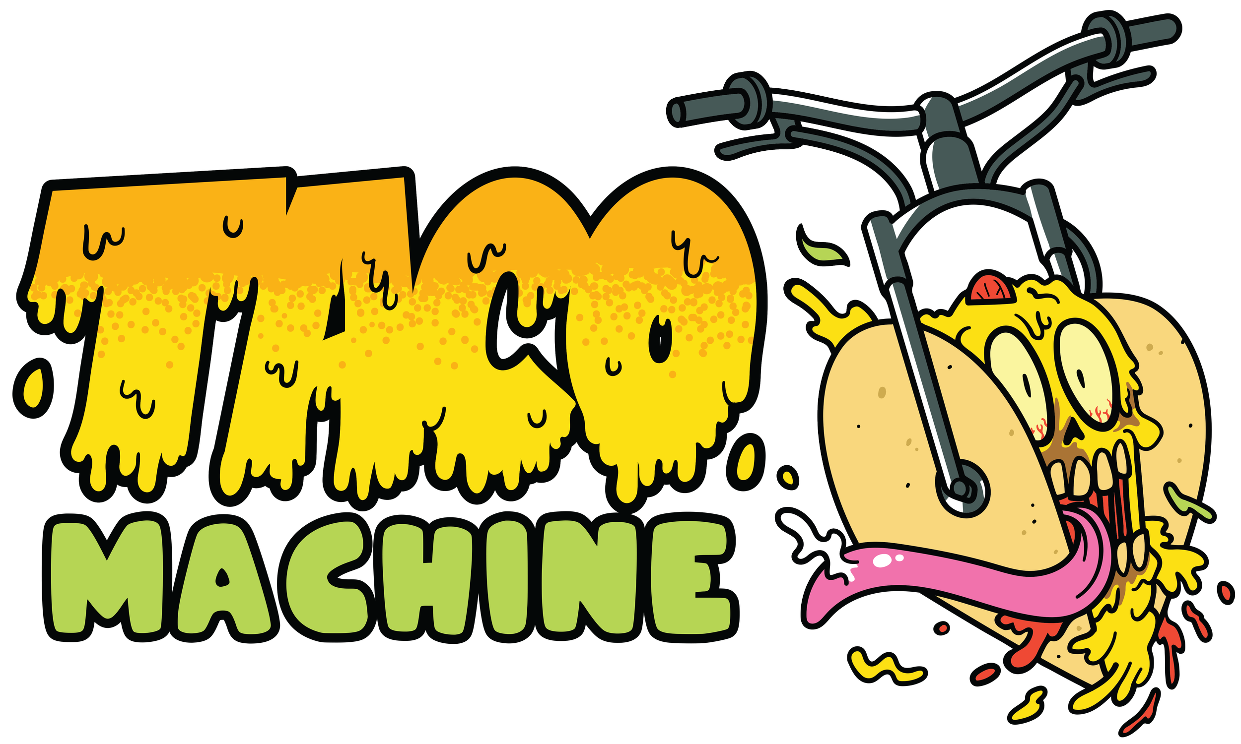 Bold, stylized text reading 'Taco Machine' with a cartoon chicken with a zombie-like face and a bike handlebar on its head. The chicken appears to be melting or oozing.