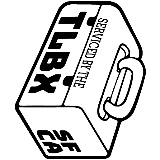 Black outline drawing of a tool box labeled 'TLBX' with the initials SF, CA on the side