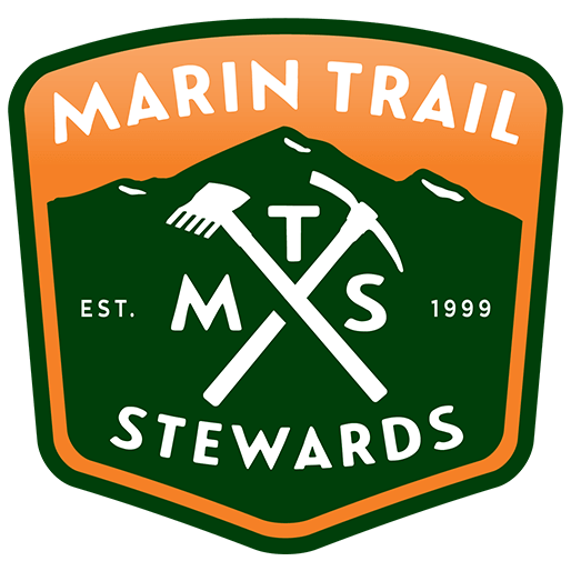A patch with a mountain and trail scene, featuring a crossed hammer and pickaxe, and the text 'Marin Trail Stewards EST 1999' and abbreviated 'M T S'.