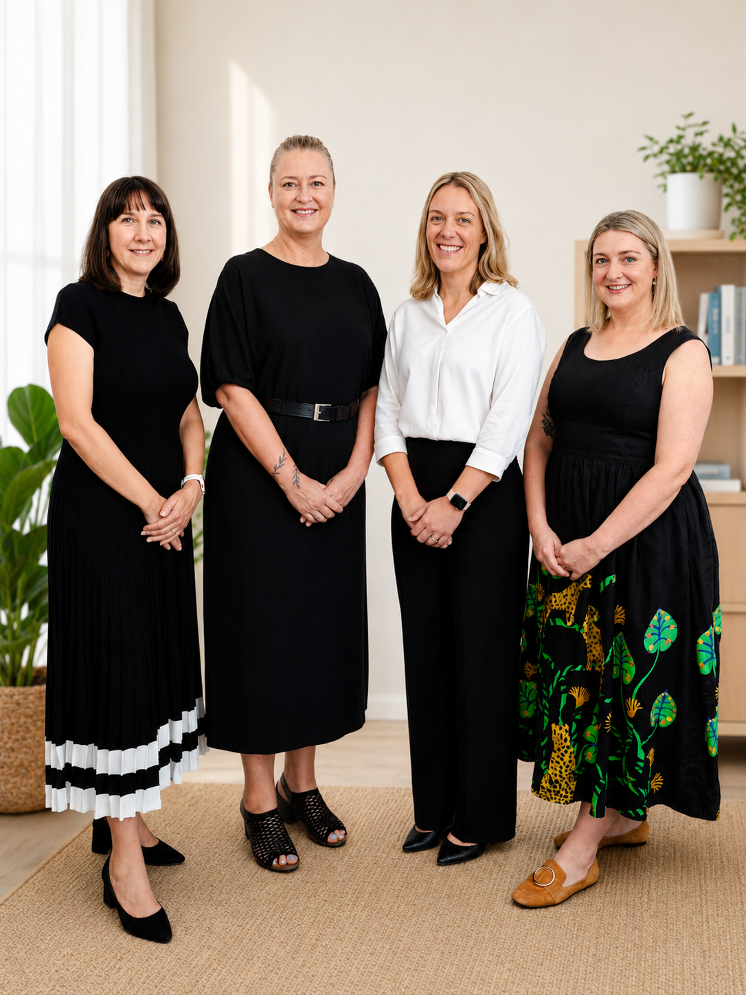 Four women standing inside a room with a plant and bookshelf, smiling at the camera.