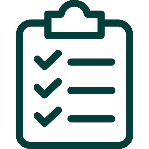 Outline icon of a clipboard with a checklist and three checkmarks.