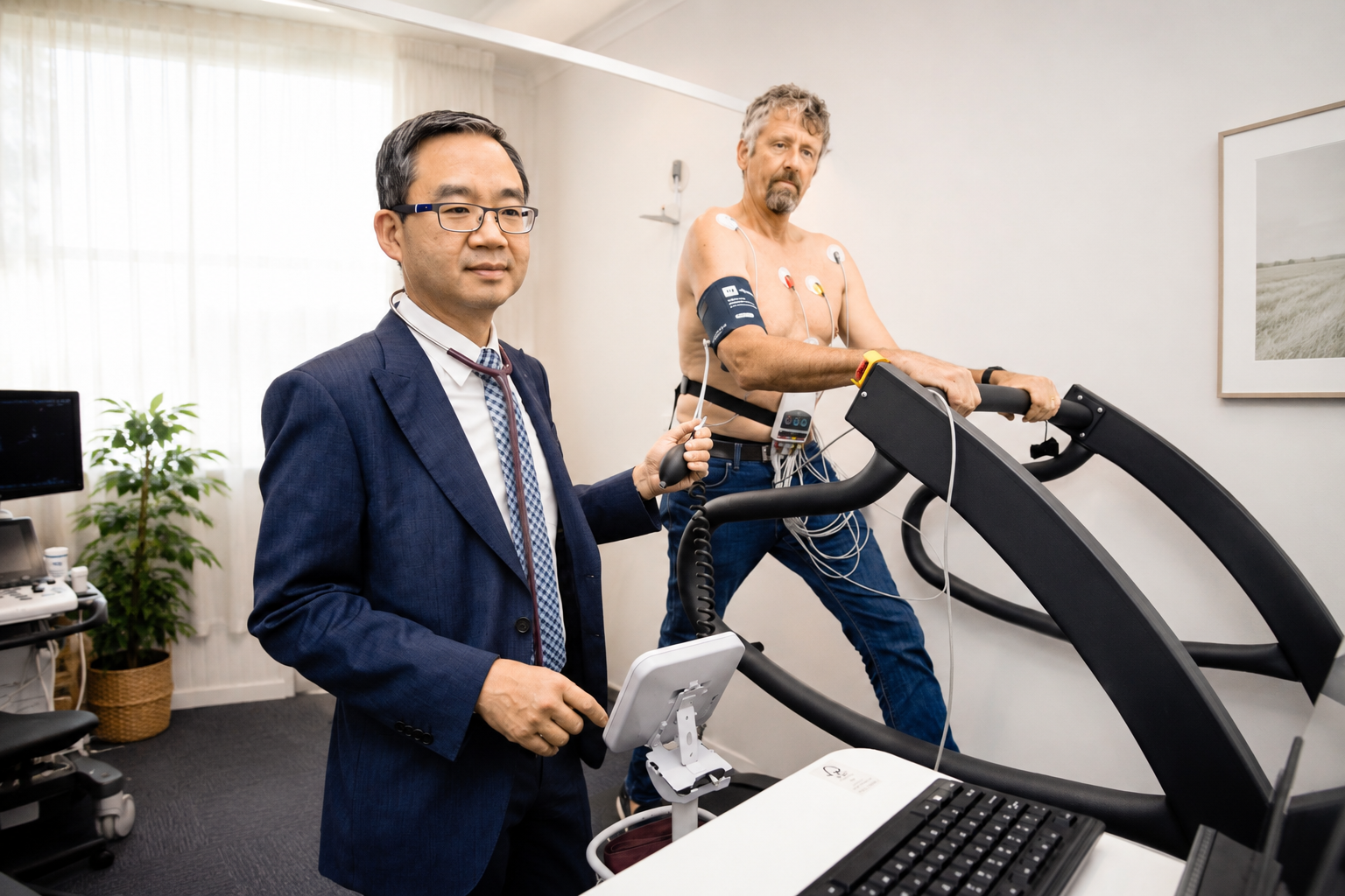 Doctor in a suit using a treadmill to perform a stress test on a shirtless man with electrodes attached to his chest.