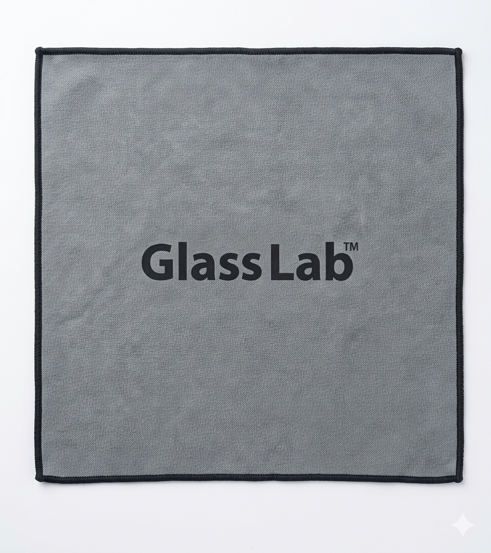 Grey GlassLab shower glass care towel with black stitched boarder