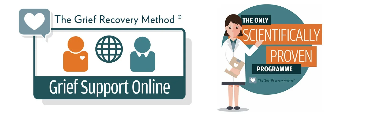 Graphic promoting The Grief Recovery Method, an online grief support program, featuring icons of a heart, globe, and person, and a cartoon woman in a white coat with the text 'The only scientifically proven programme.'