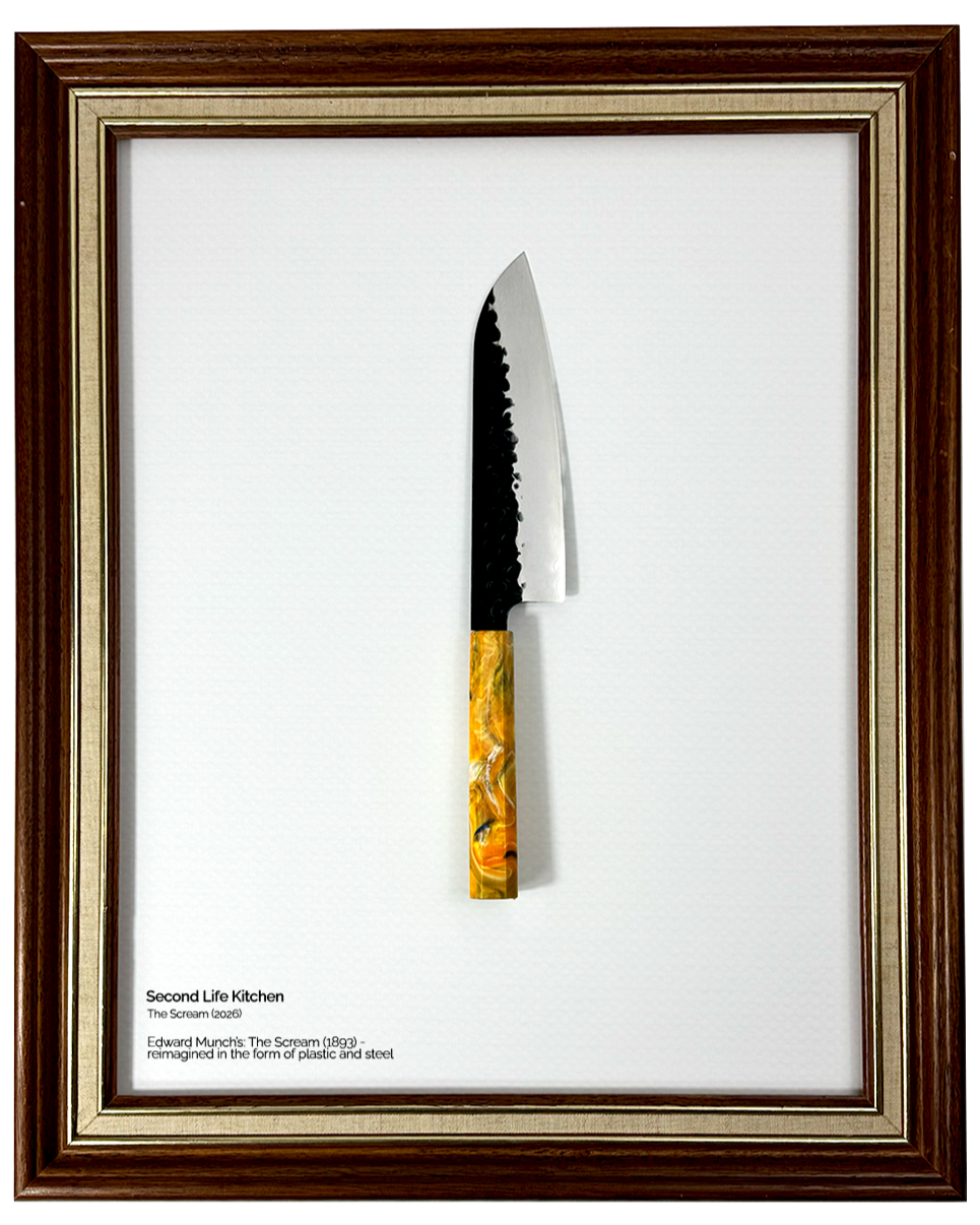Framed artwork featuring a kitchen knife with a yellow and orange handle, mounted on a white background. Text in the lower left mentions "Second Life Kitchen" and references Edward Munch's "The Scream".