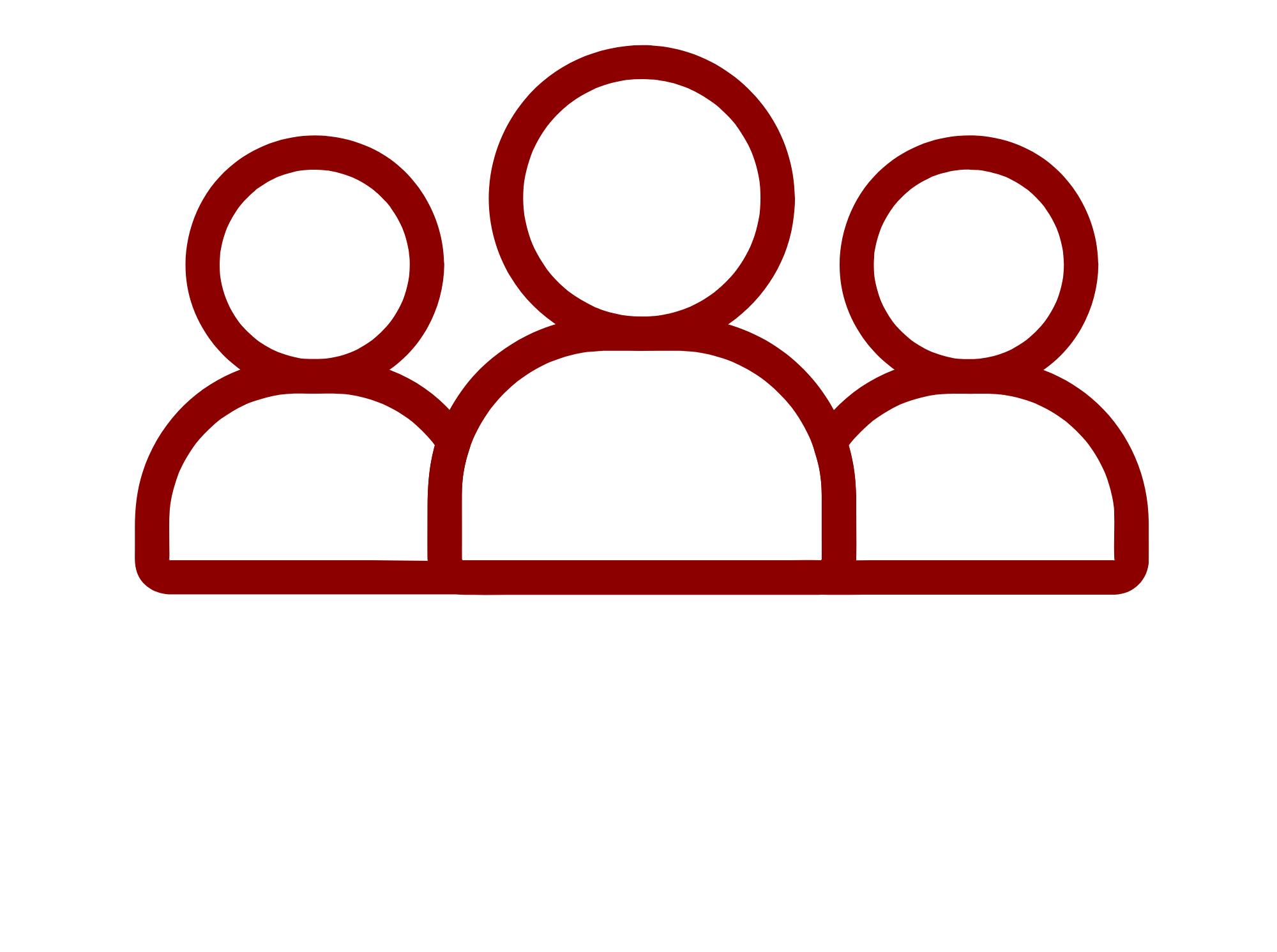 Red outline icon of a group of people with a large circle at the top and three smaller circles below, representing a community or team.