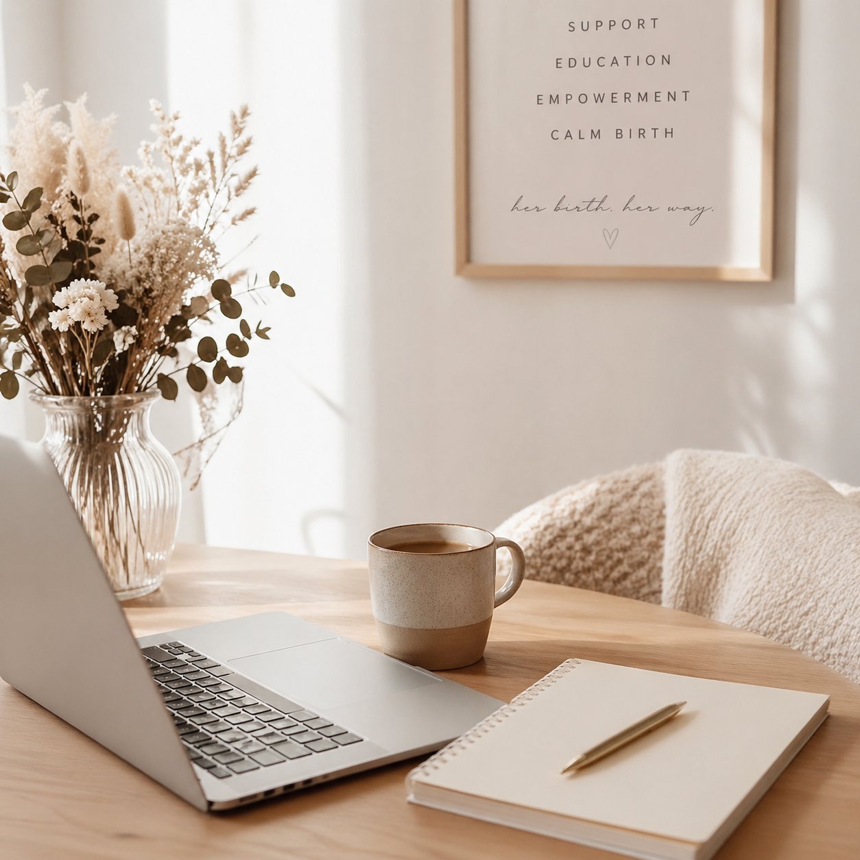 Cozy workspace with laptop, notebook, coffee and dried flowers, representing calm birth education and hypnobirthing support