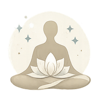 Silhouette of a person meditating on a lotus flower with a light circle and stars in the background, representing calm and spiritual practice.
