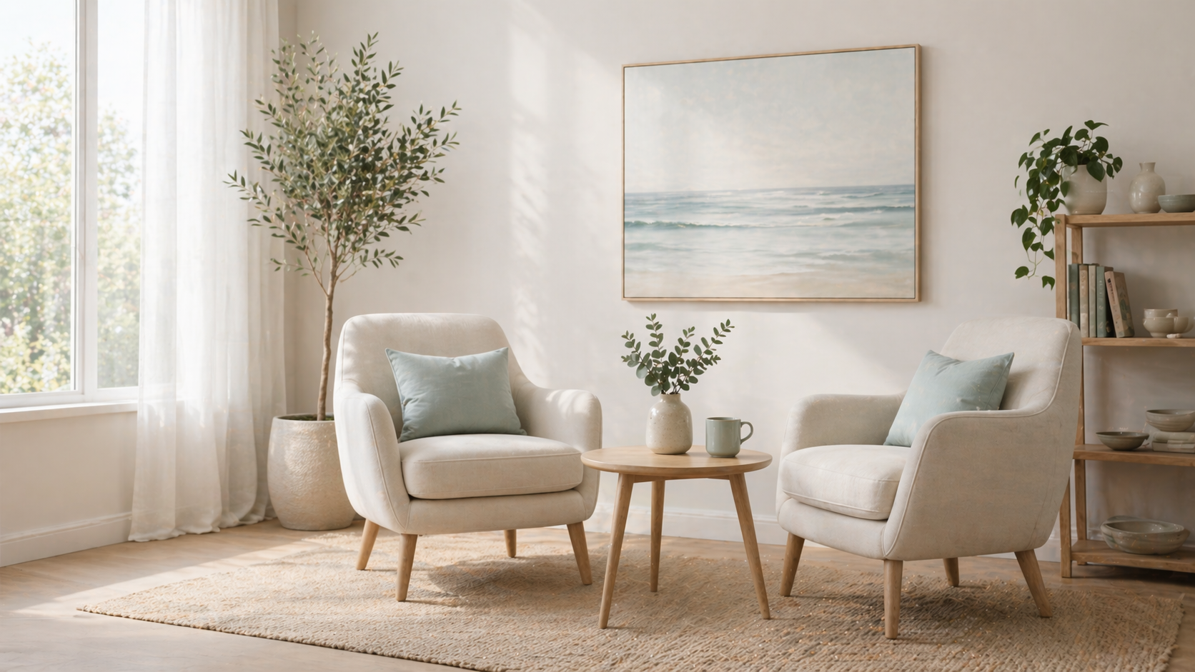 Living room with two beige armchairs, a small round wooden table with a green mug and a vase with greenery, large window with sheer curtains, framed ocean painting on the wall, potted tree, and a wooden shelf with books and ceramics.