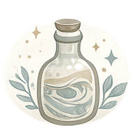 A watercolor illustration of a glass bottle with swirling liquid inside, surrounded by decorative leaves and stars.