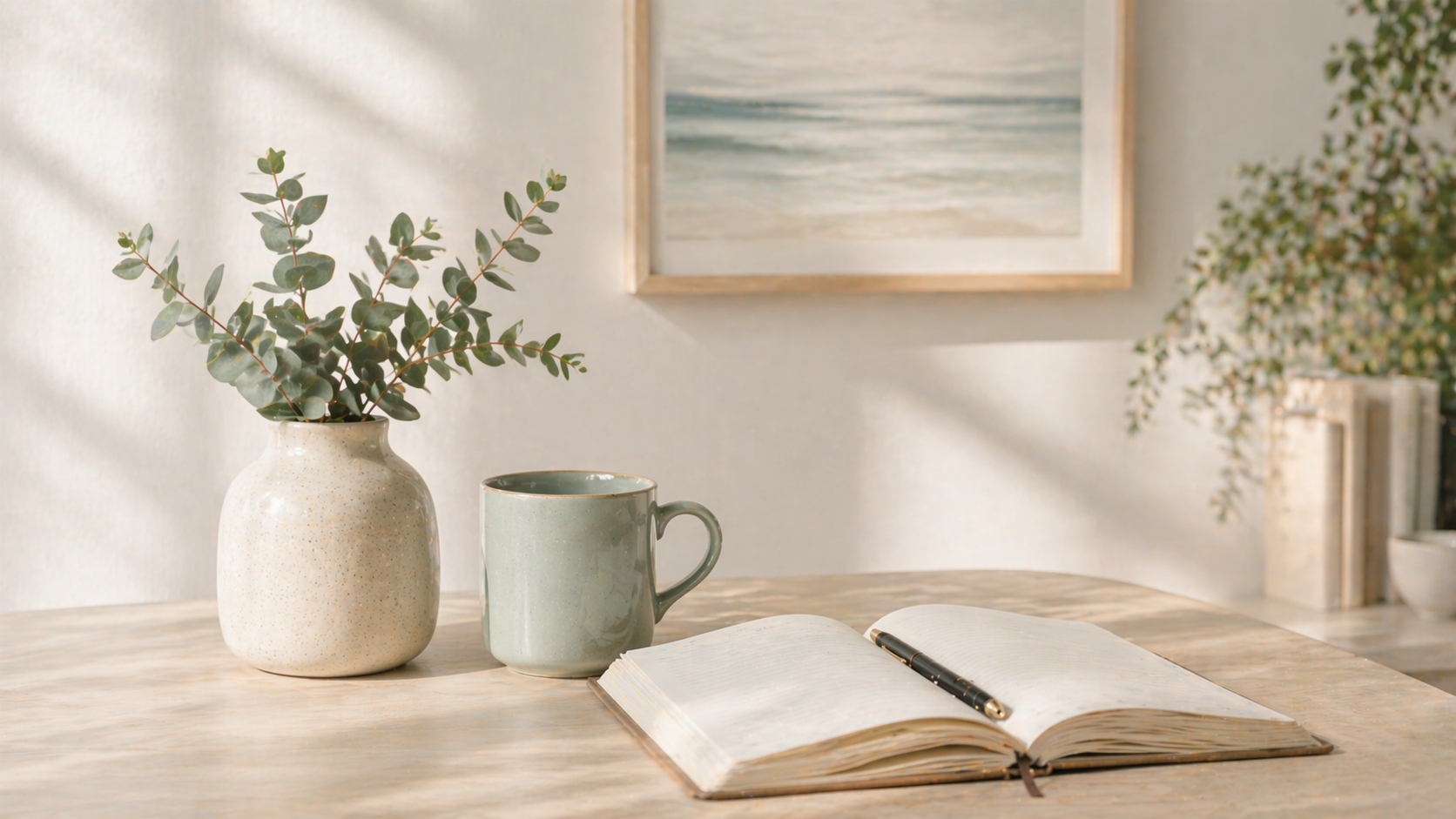 A wooden table with a white vase containing green leafy branches, an open notebook with a black and gold pen, a light green ceramic mug, and a background with a wall decorated with a painting and a shelf with books and a plant.