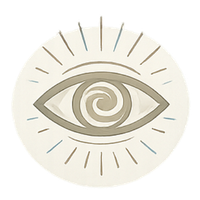 A stylized eye with a spiral in the iris, surrounded by radiating lines, on a white background with a small yellow tab in the corner.