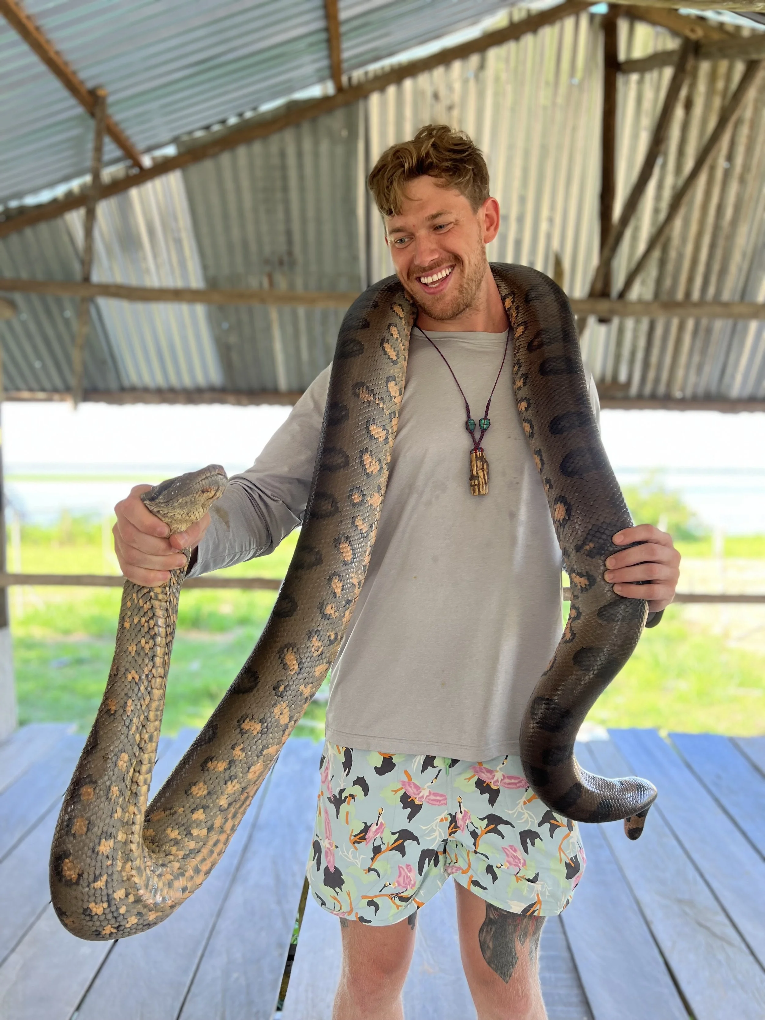 A man smiling while holding a large snake around his neck, with the snake's head held in his hand. The setting appears to be a covered outdoor area with a corrugated metal roof and wooden supports.