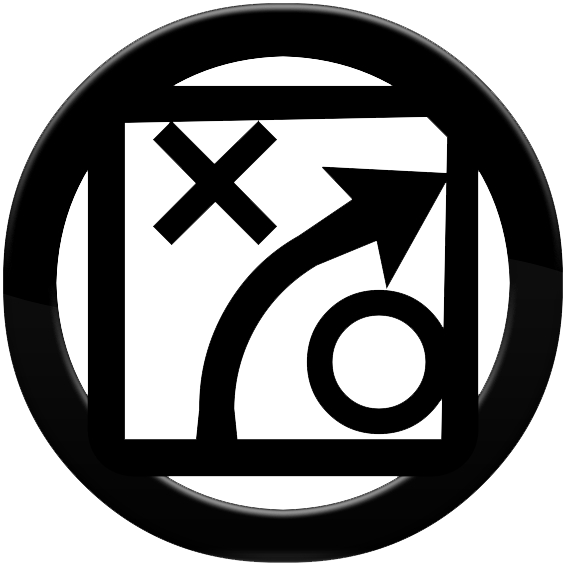 An icon indicating interaction or navigation, with intersecting lines and arrows on a black circular background.
