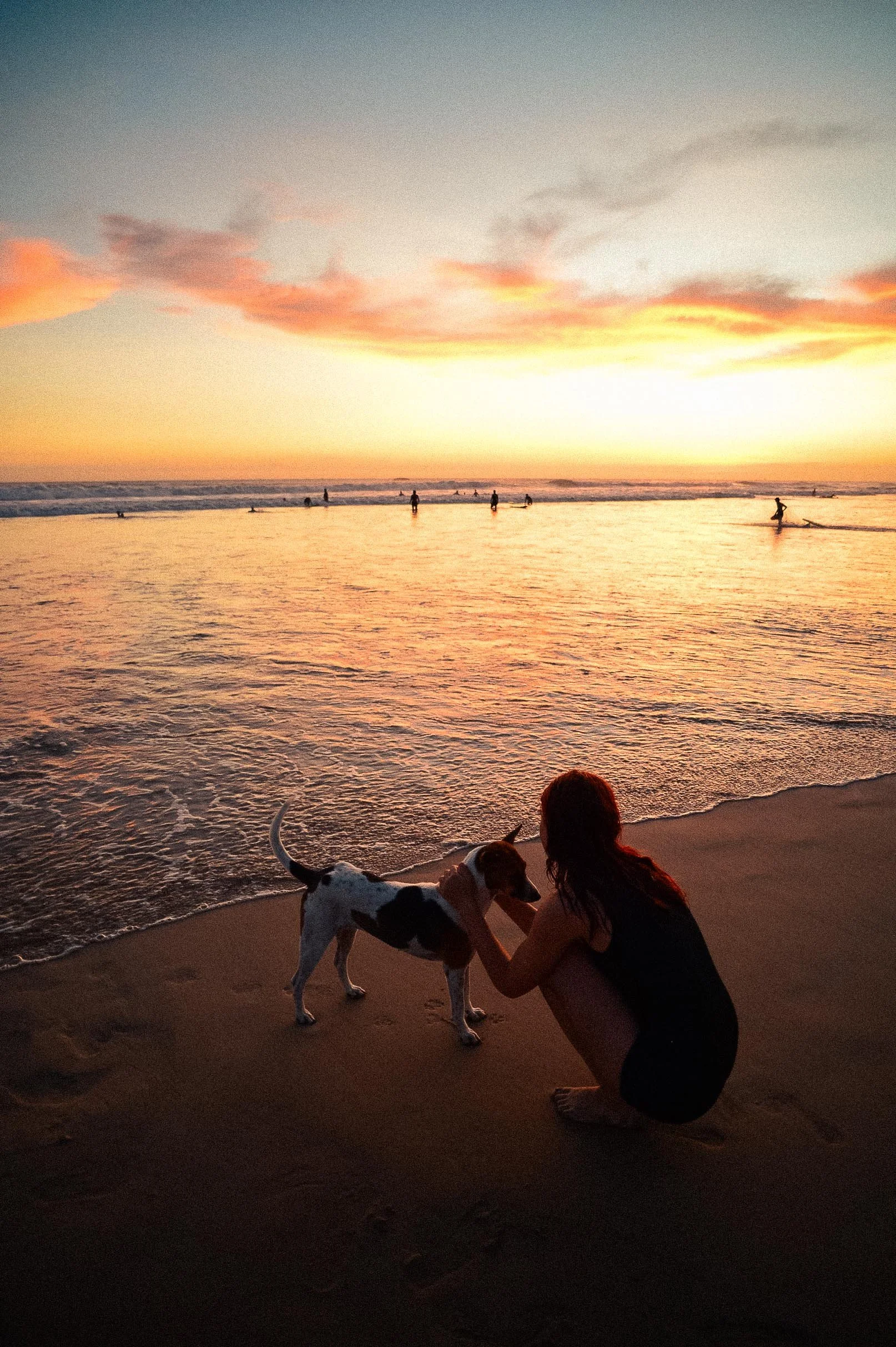 A traveler petting a stray dog on Kabalana beach at sunset, Sri Lanka