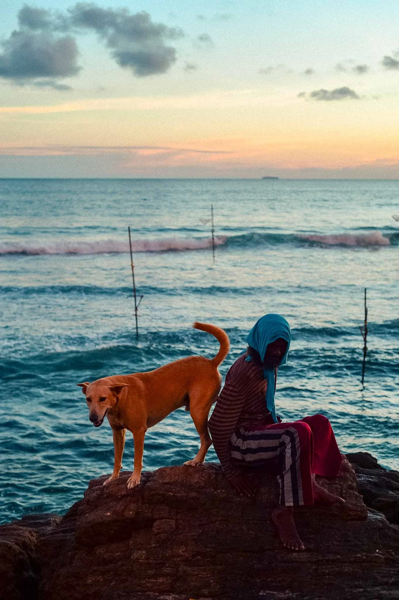 Lanka Surf House — Pitiduwa Village, Weligama — A fisherman and a dog sitting on top of a rock at Coconut Beach, Weligama.