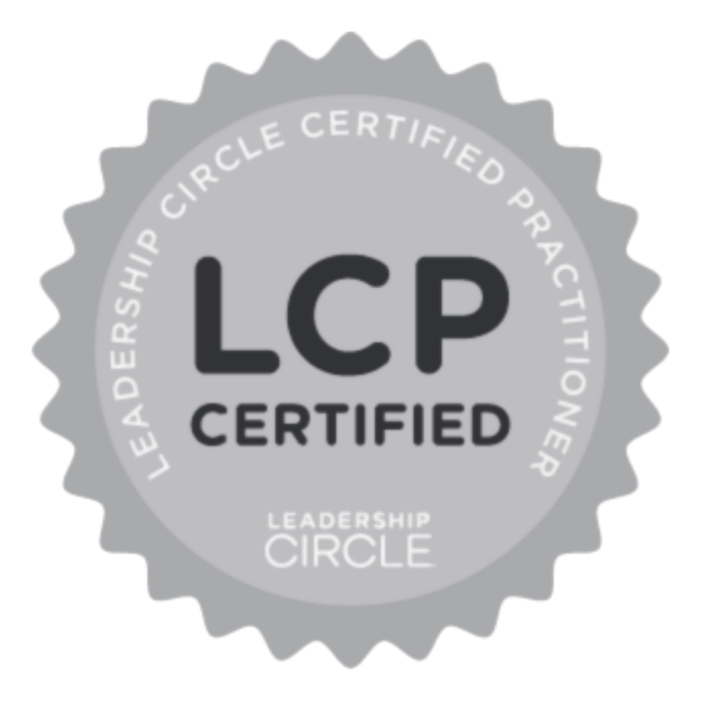Gray certification badge with scalloped edges, displaying 'LCP Certified' in large black text at the center, with 'Leadership Circle' written at the bottom.