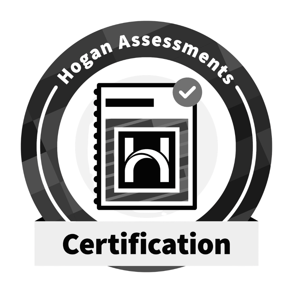 A black and white badge with a circular border reading "Hogan Assessments" and a check mark at the top right. Inside the badge, there are three nested folders, symbolizing documentation. Below, the word "Certification" is displayed in bold.
