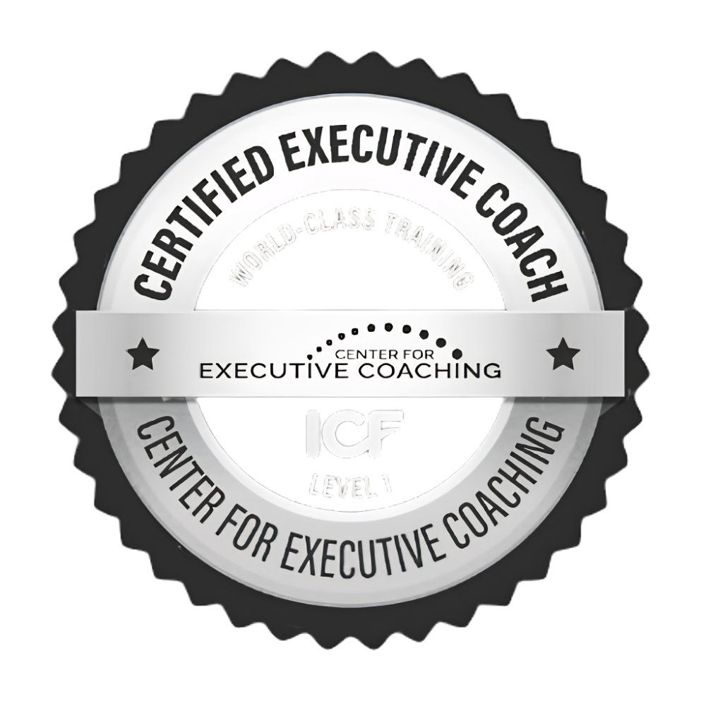 Seal badge for Certified Executive Coach from the Center for Executive Coaching, Level 1, with text 'World-Class Training' and 'Center for Executive Coaching' on a ribbon.