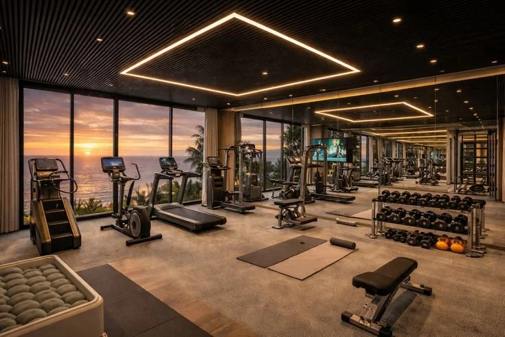 Salle de sport moderne avec équipements de cardio et haltérophilie, vue sur le coucher de soleil à travers de grandes fenêtres