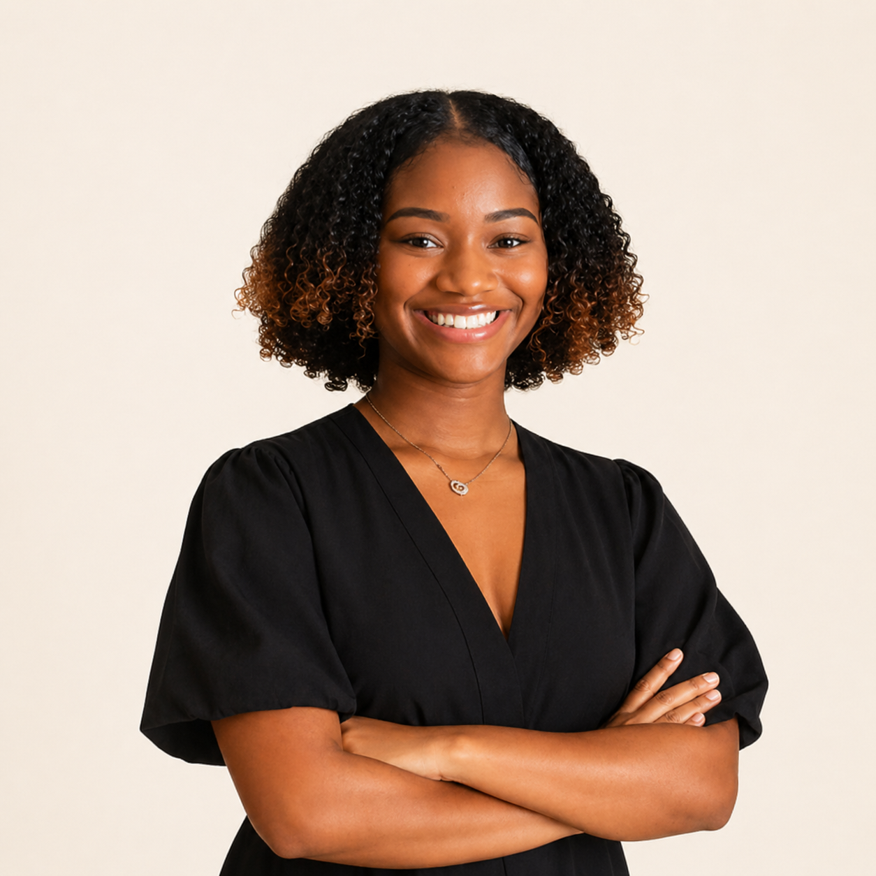 A dance coach with curly hair smiling, wearing a black dress and a necklace, standing with her arms crossed against a plain background.