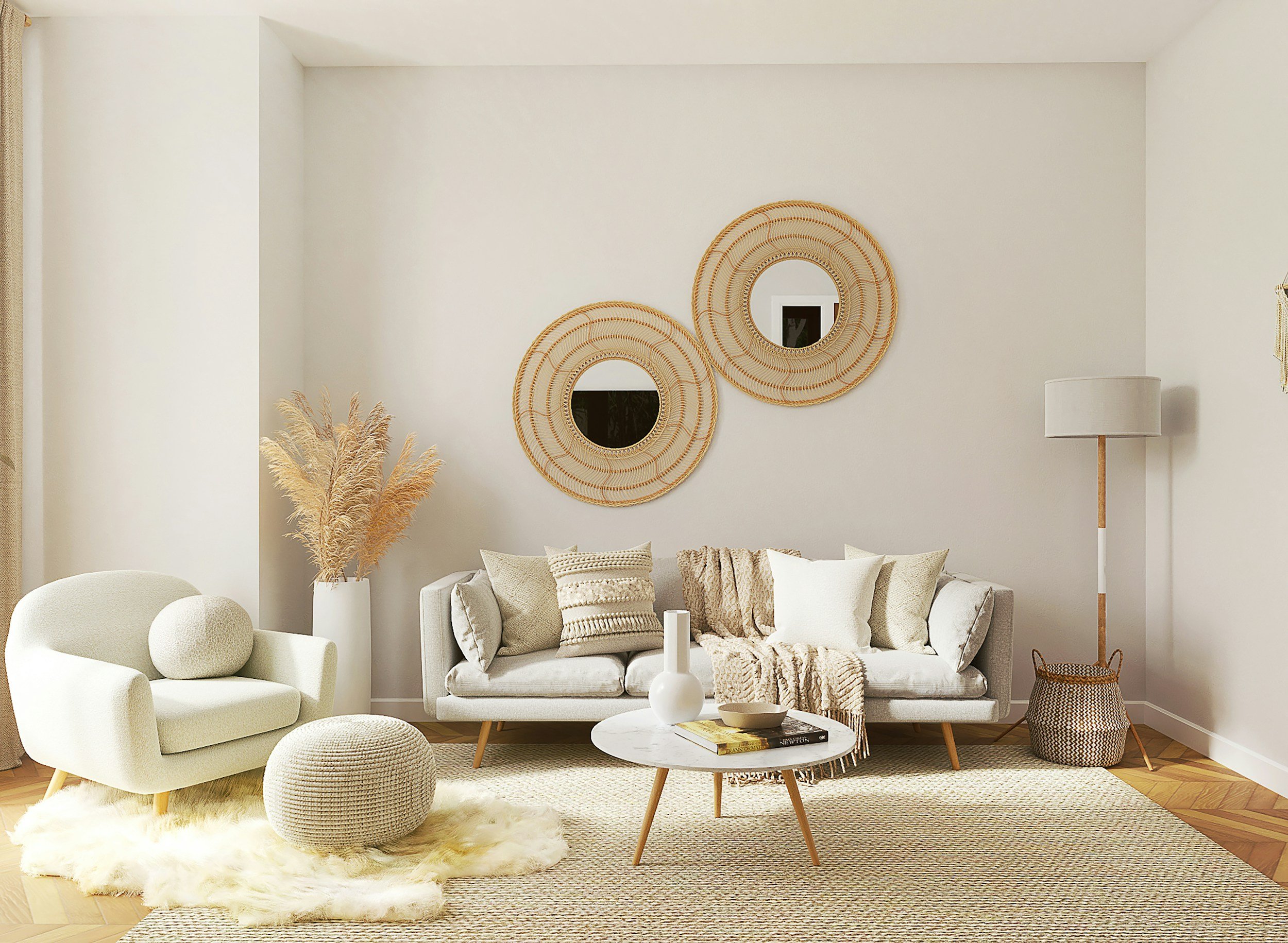 a cream living room with table and mirror
