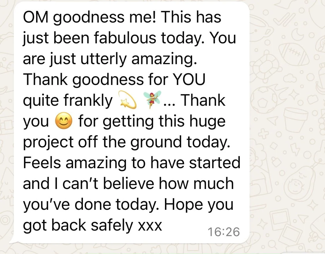 A screenshot of a WhatsApp message expressing excitement and gratitude for completing a large project, with emojis including a star, fairy, and smiling face.