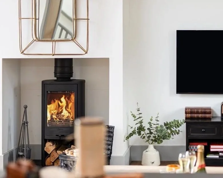 Living room with a black wood stove with a fire, a mirror above it, and a unique wire frame cover, a flat-screen TV on the white wall, a black cabinet with books and decor, and a white vase with green foliage.