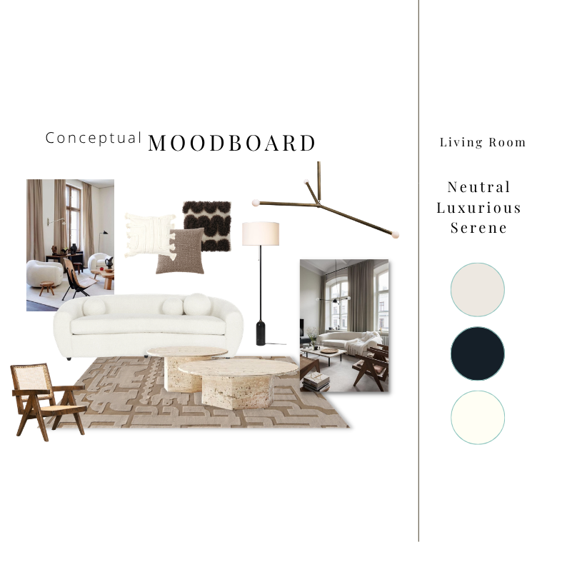 Conceptual mood board for living room design featuring neutral, luxurious, and serene themes with furniture, pillows, lighting, and decor in light, dark, and pastel color schemes.
