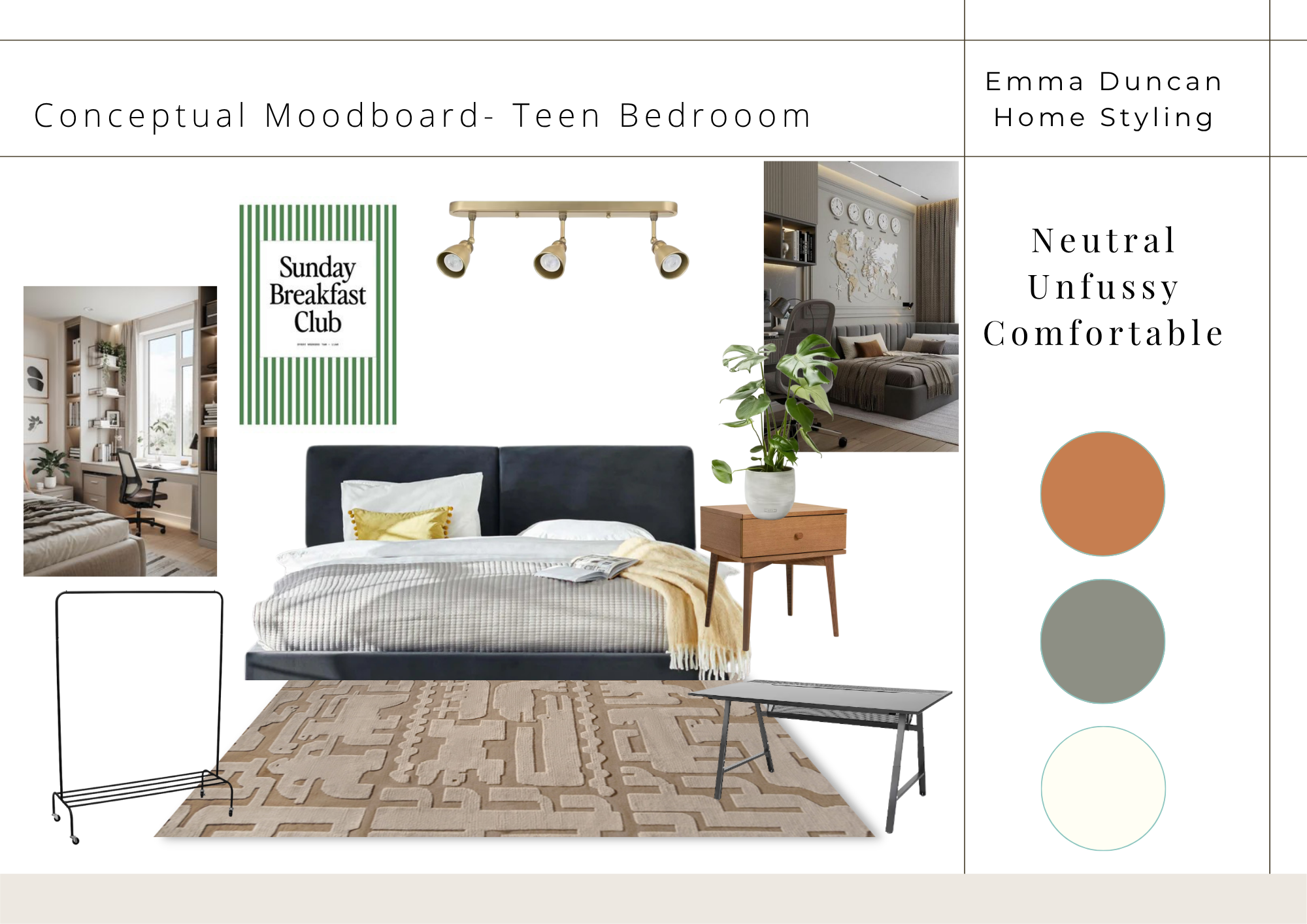 Interior design mood board for a teen bedroom featuring a bed, a bedside table with a plant, a rug, wall art, and various color and style samples.